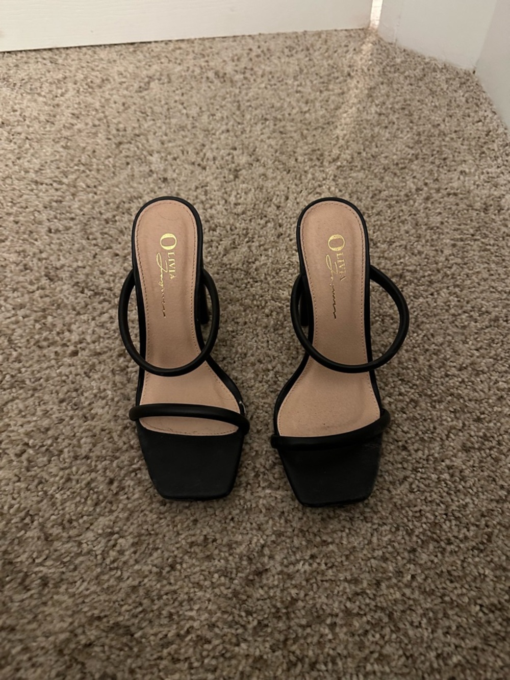 Olivia Miller Black Minimal Double-Strap Square-Toe Heels